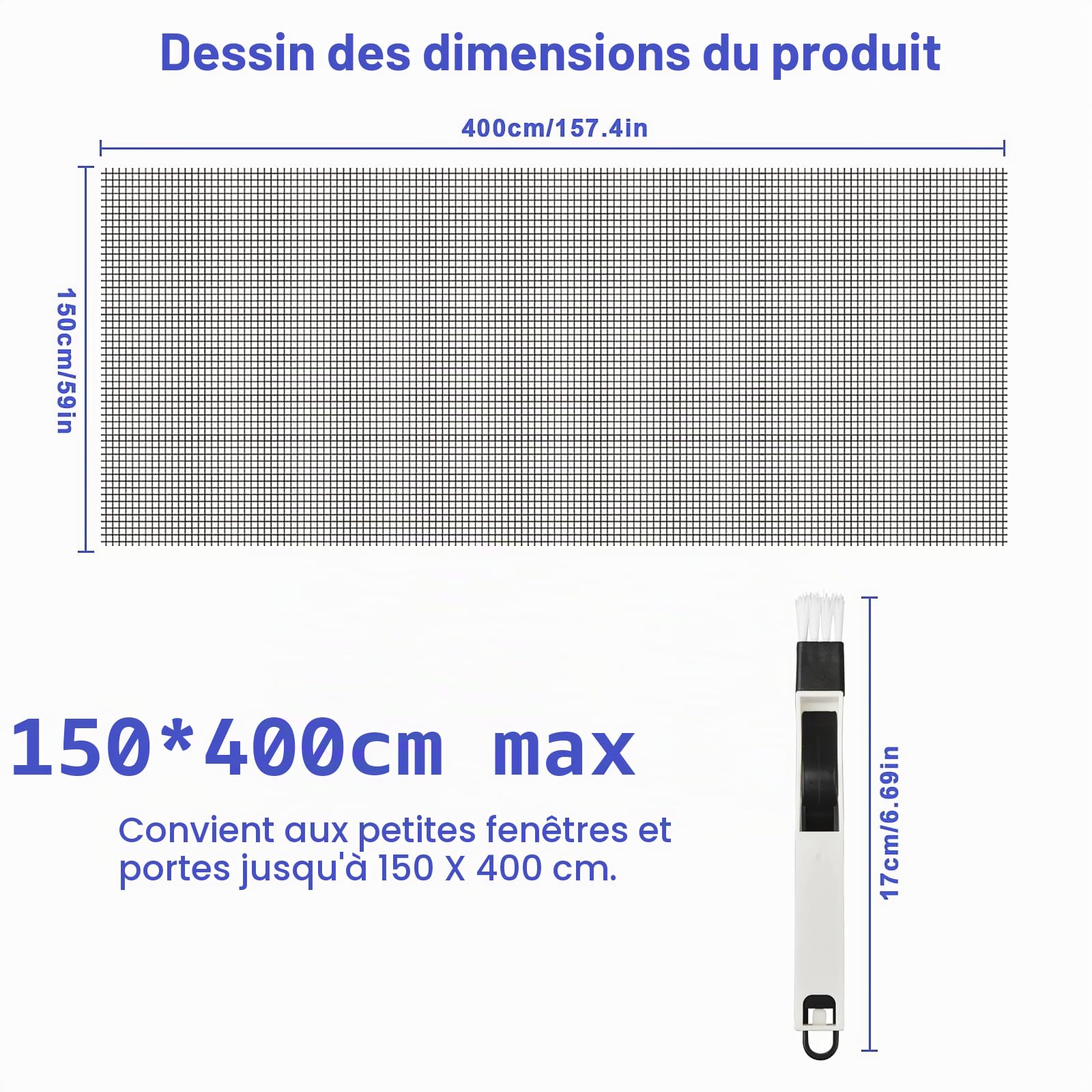 Moustiquaire de fenêtre 150x400 cm - Fibre de verre - Protection contre les insectes - Moustiquaire et grille de fenêtre - Robuste - Protection pour chats - Moustiquaire en gaze découpable pour