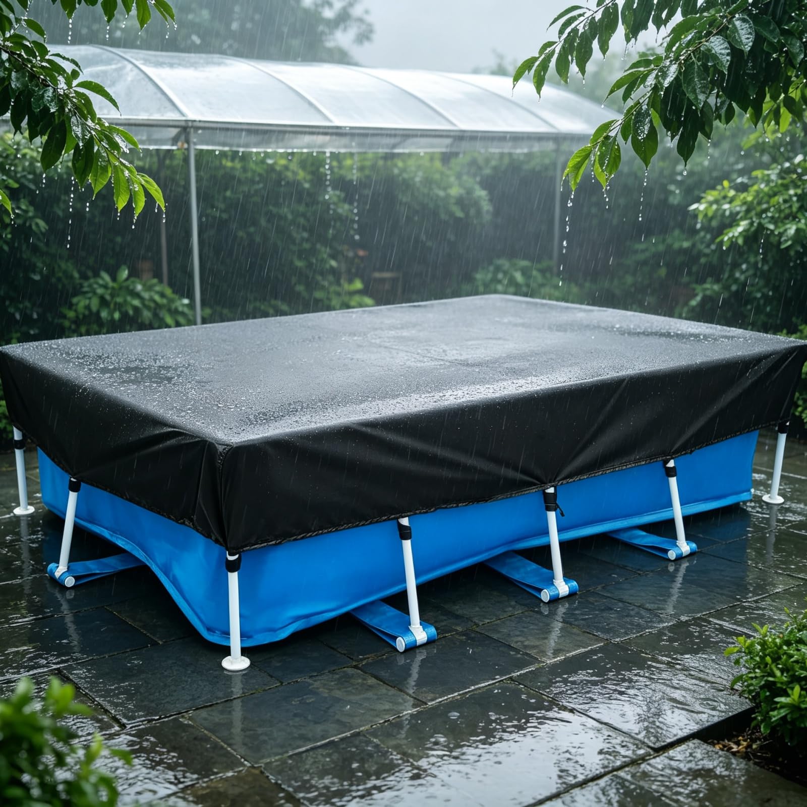 Bâche de Piscine Rectangulaire 420 x 430 cm Imperméable et Anti-Poussière Bâche 4 Saisons avec Cordon pour Piscines Gonflables, Noir