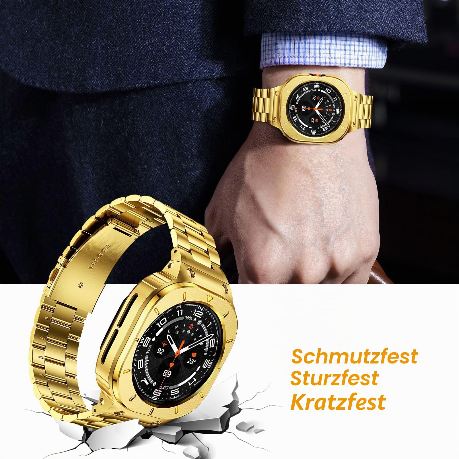 SUPLINK Metallgehäuse mit Band Kompatibel Samsung Galaxy Watch 5 Pro Armband 45mm/ Watch 6/ Watch 5/ Galaxy Watch 4 Armband 44mm, Edelstahl Schutzhülle Armband Männer