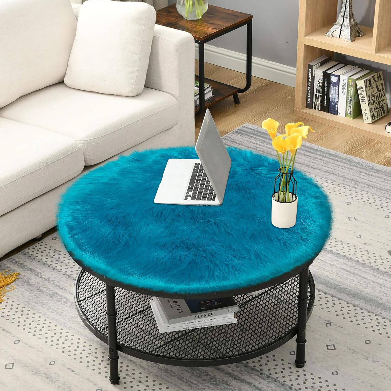 3ft Small Round Blue Rug,Thick Furry Fluffy Carpet for Teen,Sheepskin Fur Shaggy Circular Rug for Indoor Bedroom Room Living Room Nursery Decor Chair