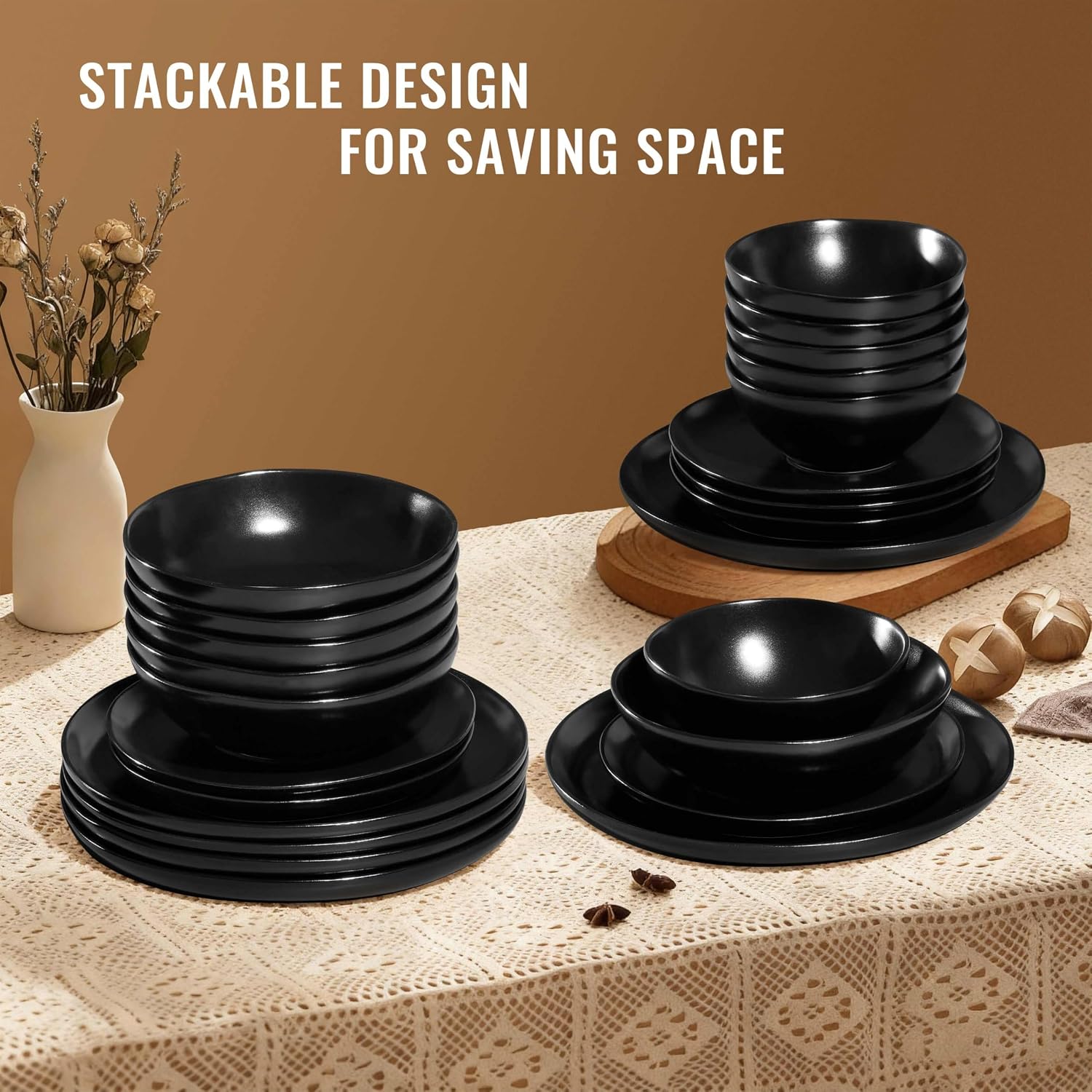 Herogo Stoneware Dinnerware Sets for 8, 24 Piece Ceramic Dinner Dishes Set, Irregular Handmade Plates and Bowls Dishware, Crack and Scratch Resistant, Reactive Glaze, Matte Black