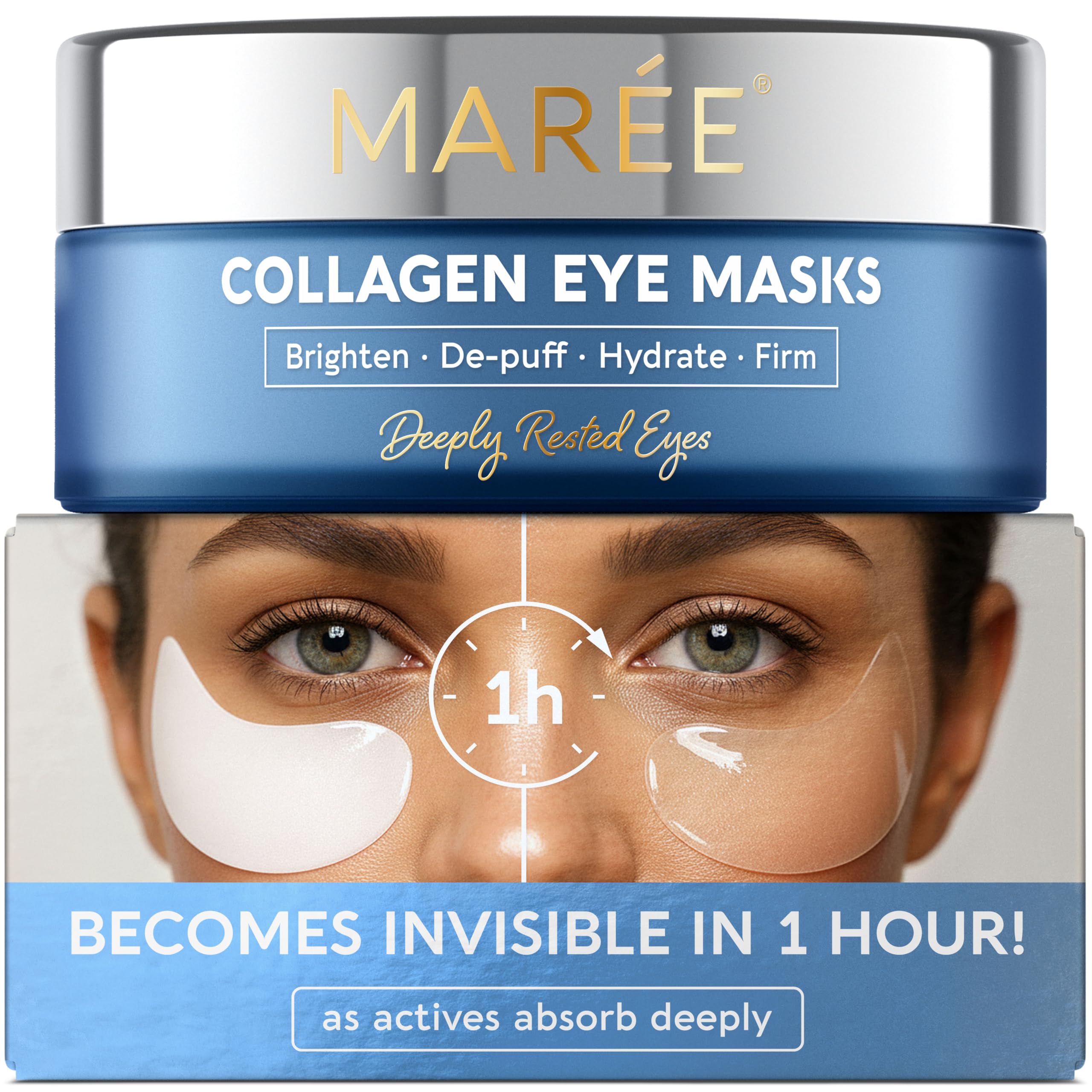 MAREE Invisible Under Eye Patches for Puffy Eyes and Dark Circles with Peptide Collagen, Caffeine & Retinol - Eye Masks for Women & Men for Undereye Bags & Puffiness Reducing - Parches para Ojeras