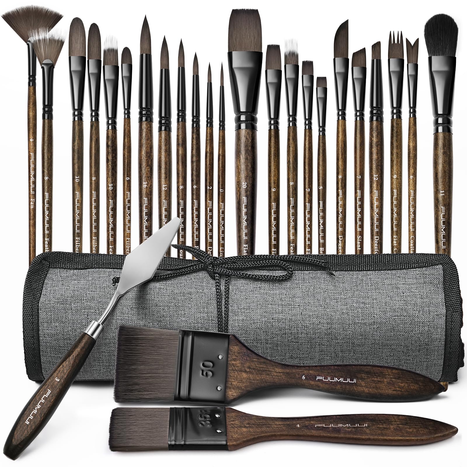 Fuumuui 26pcs Professional Paint Brush Set - High-Grade Series Synthetic Nylon Paint Brushes for Landscape, Acrylic, Oil, Watercolor, Gouache - Multi-Functional Universal Free Style for Art Supplies