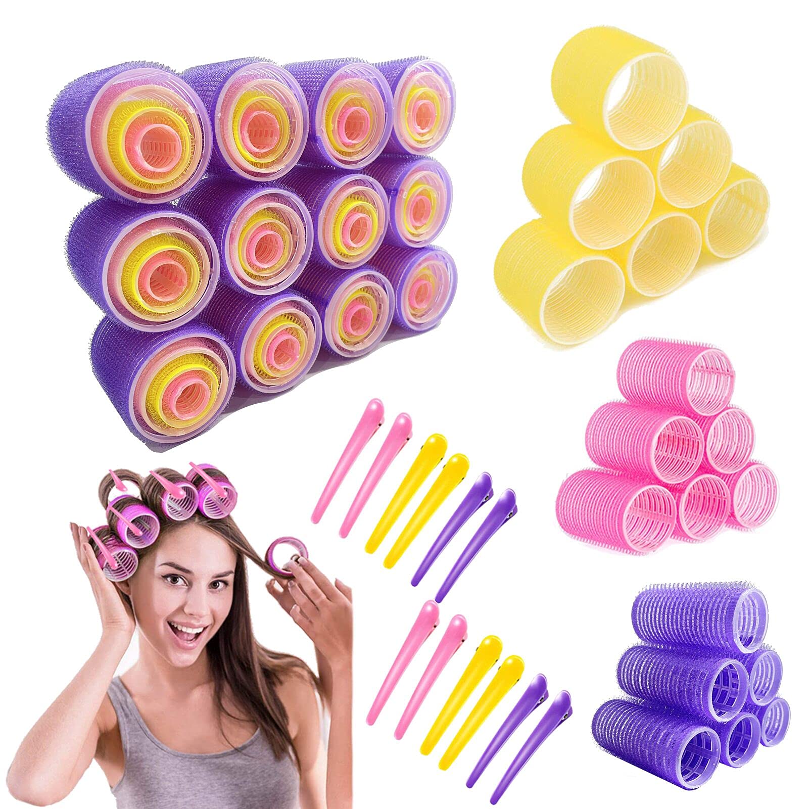 Jumbo Hair Rollers Set, 73pcs 4 Sizes with Clip & Comb Self Grip Holding Hair Rollers Curlers for Long Medium Short Thick Fine Thin Hair Bangs Volume(12x Jumbo+12xLARGE+12x MEDIUM+12x SMALL+24x Clips)