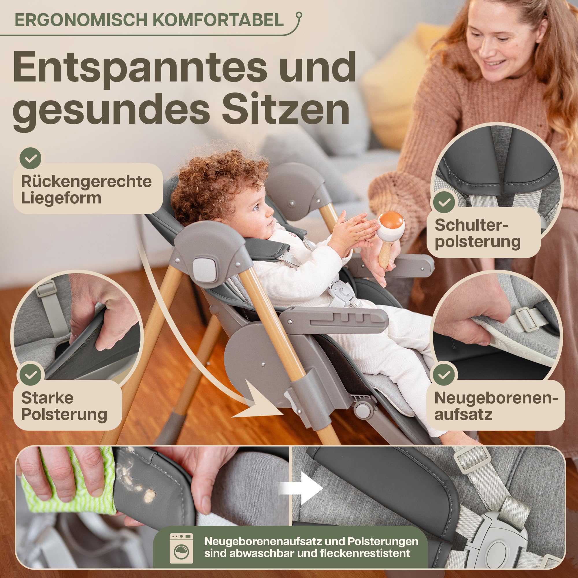 FlexiCo Hochstuhl Baby mit Liegefunktion & Neugeborenenaufsatz, Klappbar & Höhenverstellbar | Kinderstuhl Kinderhochstuhl Babystuhl | Mitwachsend Kind ab Geburt, 1-3 Jahre | Grau