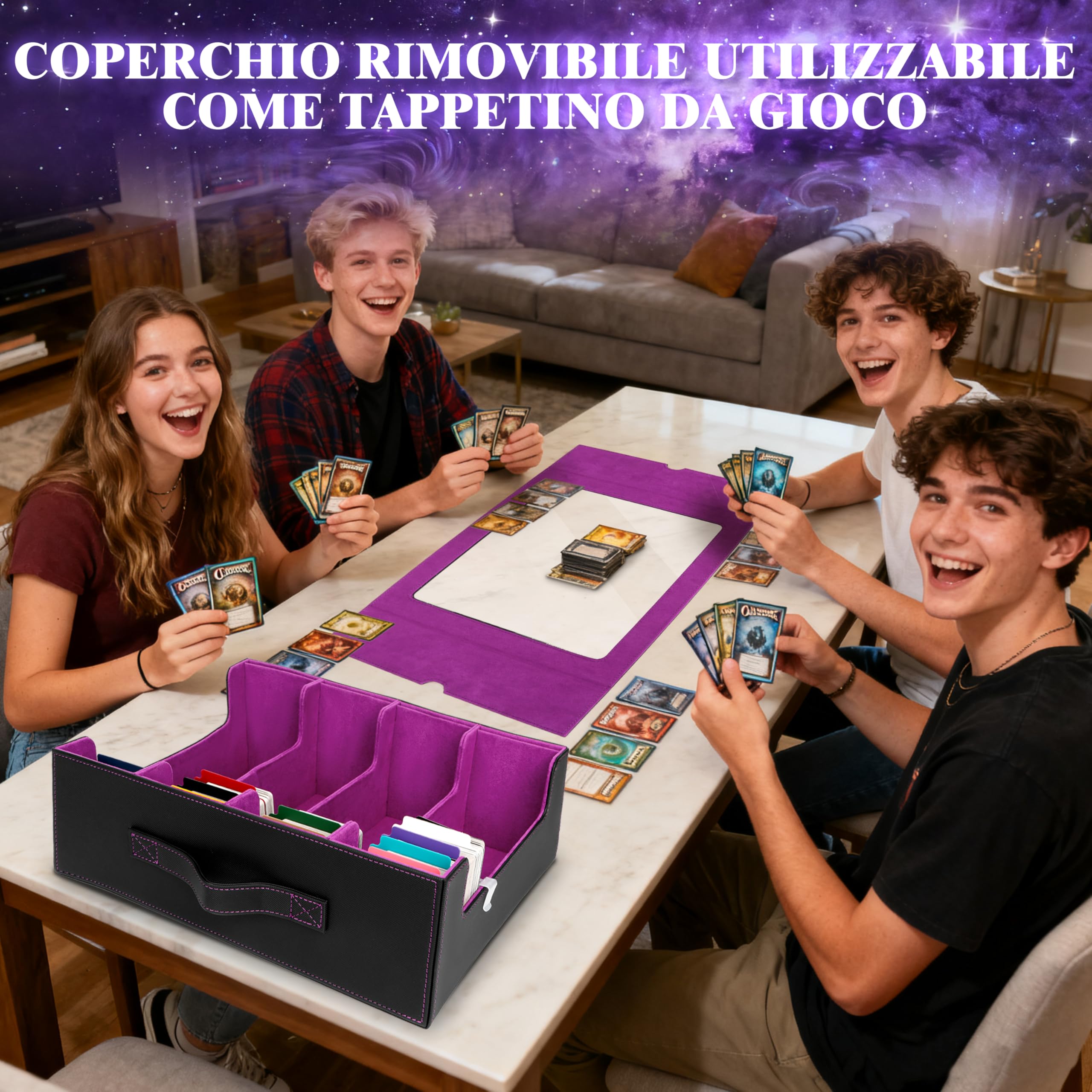 Charmofun Deck Box per Carte, Magnetic Scatola di Carte da Collezione per Oltre 2800+, Porta Deck con Pelle PU e Chiusura Magnetica, 10 Divisori per Carte, 4 Clip Divisorie (Viola, 2400+)