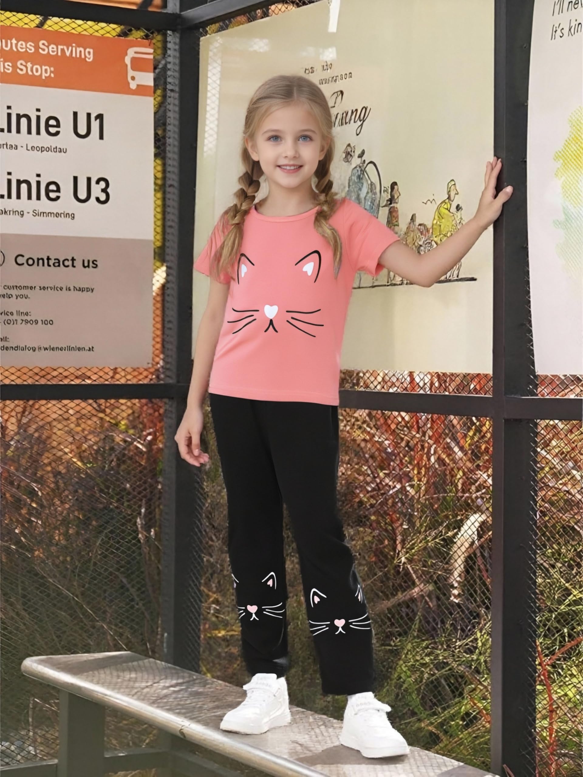 Conjunto de 2 piezas de ropa para niña pequeña de 4 a 8 años, con estampado de cara de gato, camiseta de manga corta y pantalones, para primavera y verano