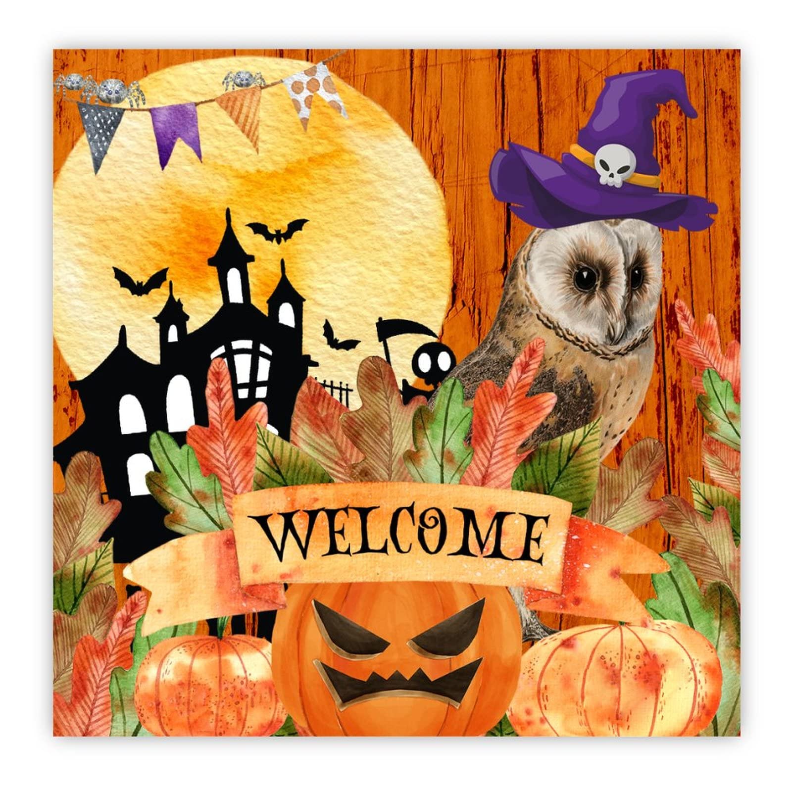 Panneau en bois Welcome Halloween suspendu avec citrouille et sorcière effrayante