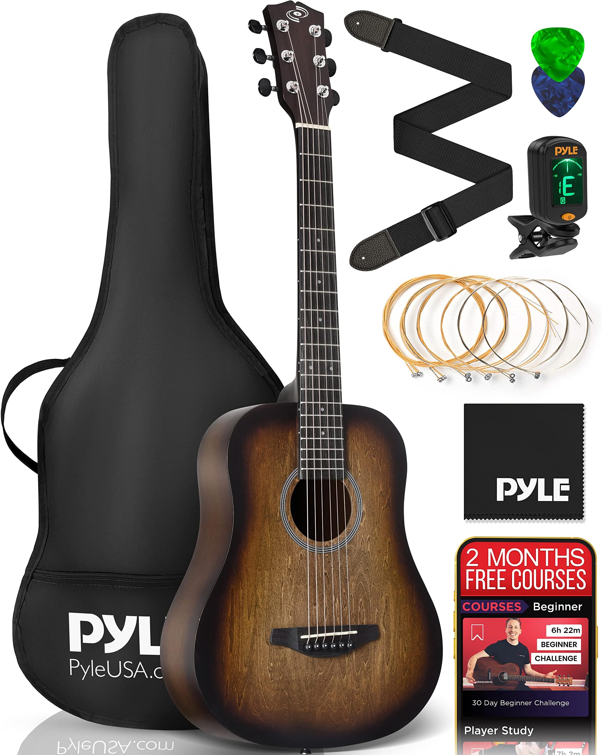 Pyle Acoustic Guitar Kit, 1/2 Junior Size All Wood Steel String Instrument for Beginner Kids, Adults, 34" Brown Burst Matte