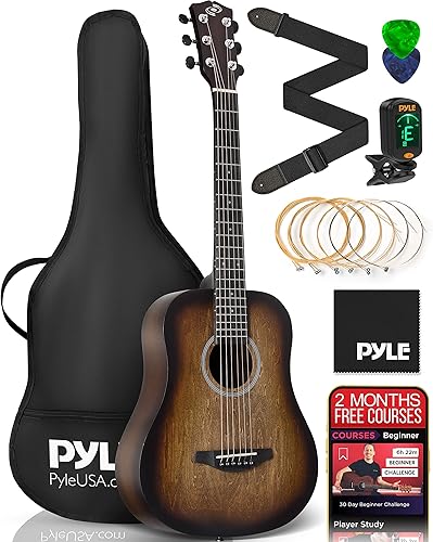 Pyle Kit de guitarra acústica, 34 tamaño junior, instrumento de cuerda de acero de madera para principiantes, adultos, 36 pulgadas, marrón mate