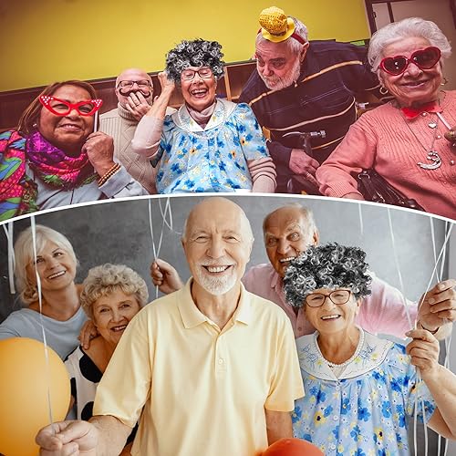 Miniatura 5 de Jiuguva 7 piezas de disfraz de anciana para niños y mujeres trajes gruesos de manga corta bata de anciana peluca plegable con muletas y lentes de