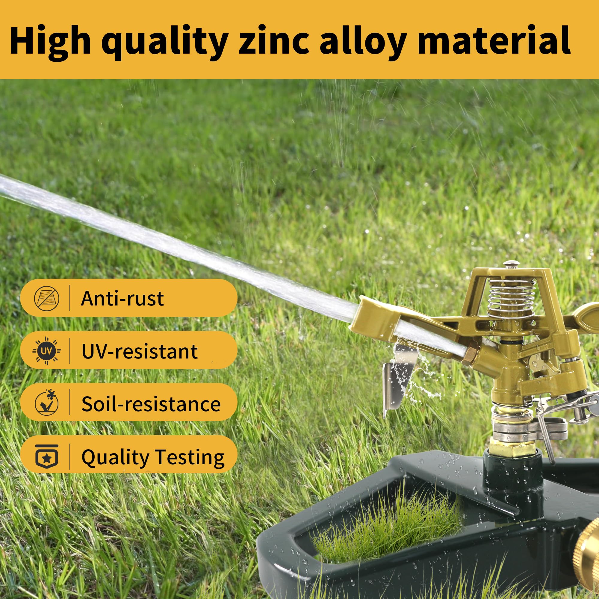 Aspersores de impacto para patio con base de metal, aspersor de impulso de aleación de zinc resistente, rotación automática de 360° para césped y jardín grandes, cobertura de hasta 5,800 pies