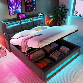 Queen Platform Bed, Queen Size Upholstered Platform Bed with Hydraulic Storage System, LED and USB Charging, Queen Bed Frame No Box Spring Needed, Grey
