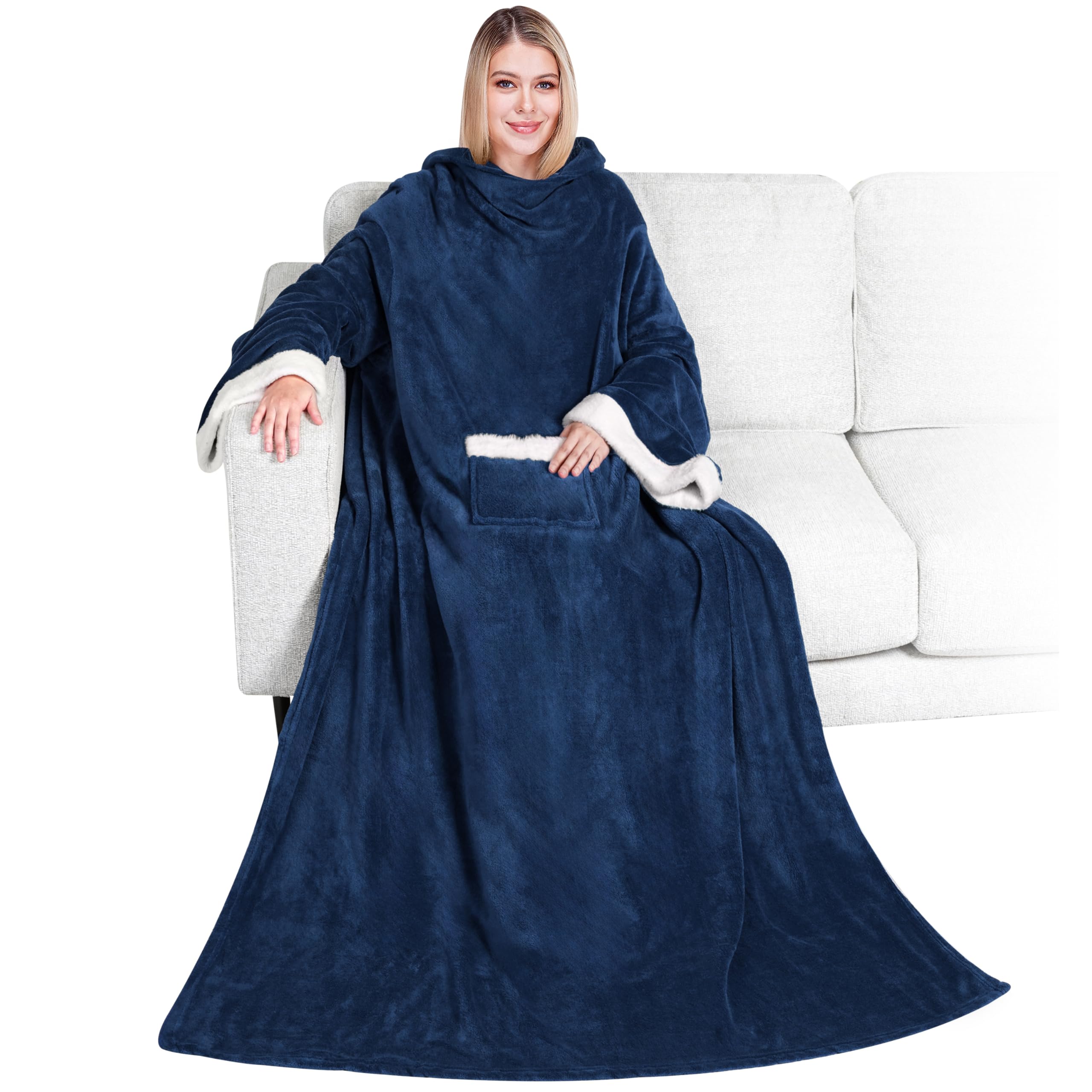 PAVILIA Deluxe Fleece Blanket with Sleeves for Adult, Men, and Women| Elegant, Cozy, Warm, Extra Soft, Plush, Functional, Lightweight Wearable Throw (Navy)-image-40