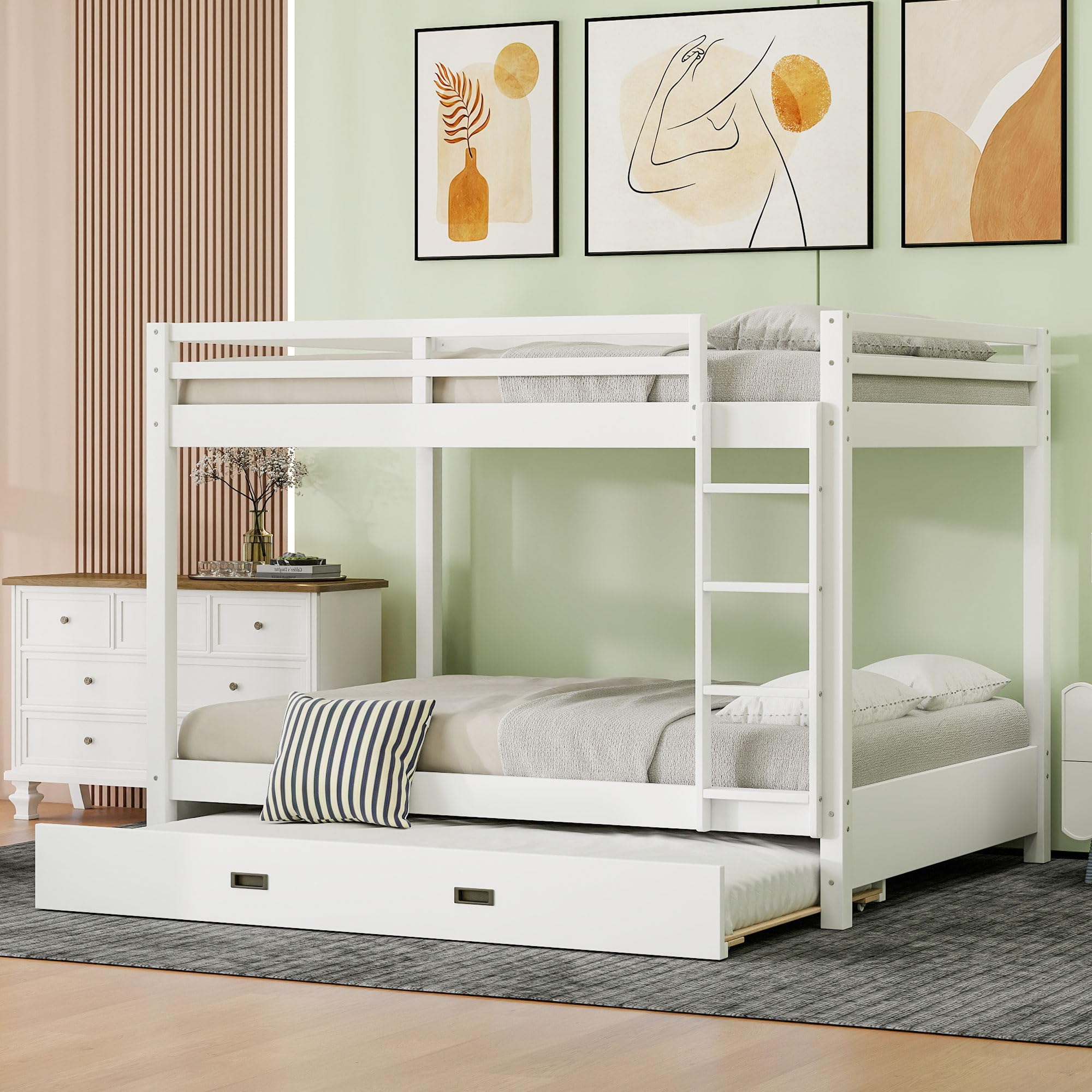 Harper & Bright Designs Queen Over Queen Size Bunk Bed with Trundle, Solid Wood Bunk Bed Frame with Guardrails and Ladders for Kids, Adults, Teens,