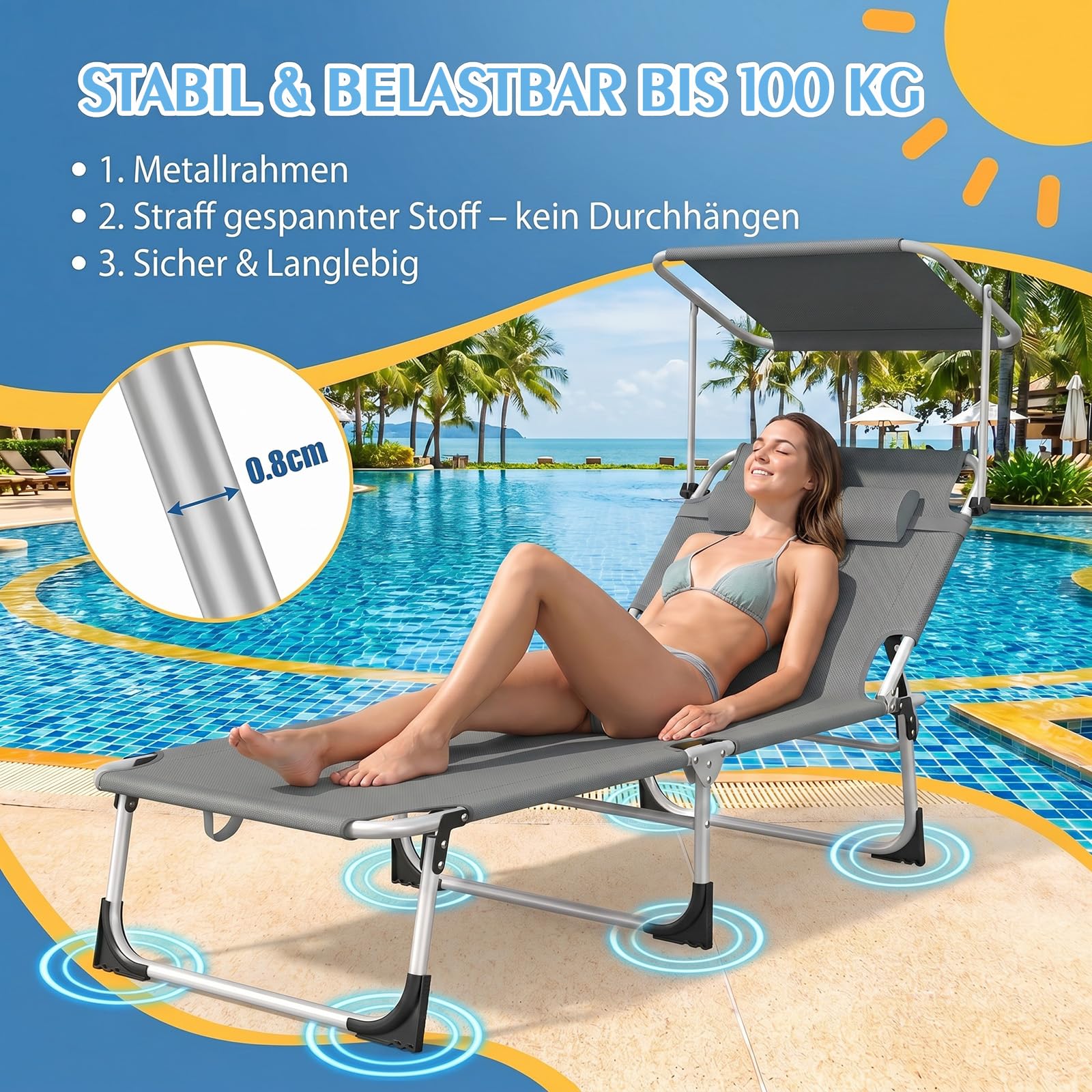 Ferghana Sonnenliege,Liegestuhl Klappbar mit Dach, 194x67.5x29cm,Anthrazit | Gartenliege mit Verstellbare Rückenlehne,Kopfkissen,Seitentasche，Tragegriff,bis 180 Kg Belastbar,Strandliege für Garten,Pool