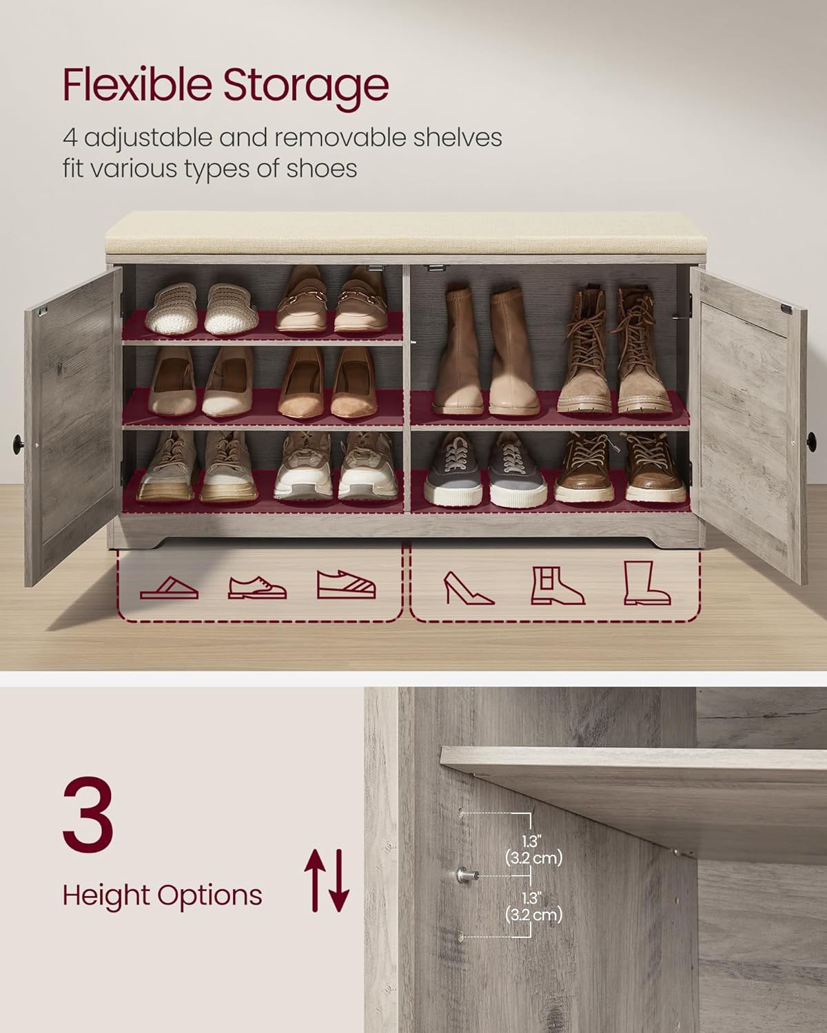 VASAGLE Shoe Storage Bench with Cushion, 3-Tier Entryway Bench with Padded Seat, Doors, Adjustable Shelves, 14 x 39.8 x 20.7 Inches, Hallway, Bedroom, Heather Greige and Cappuccino Beige ULSB044L01
