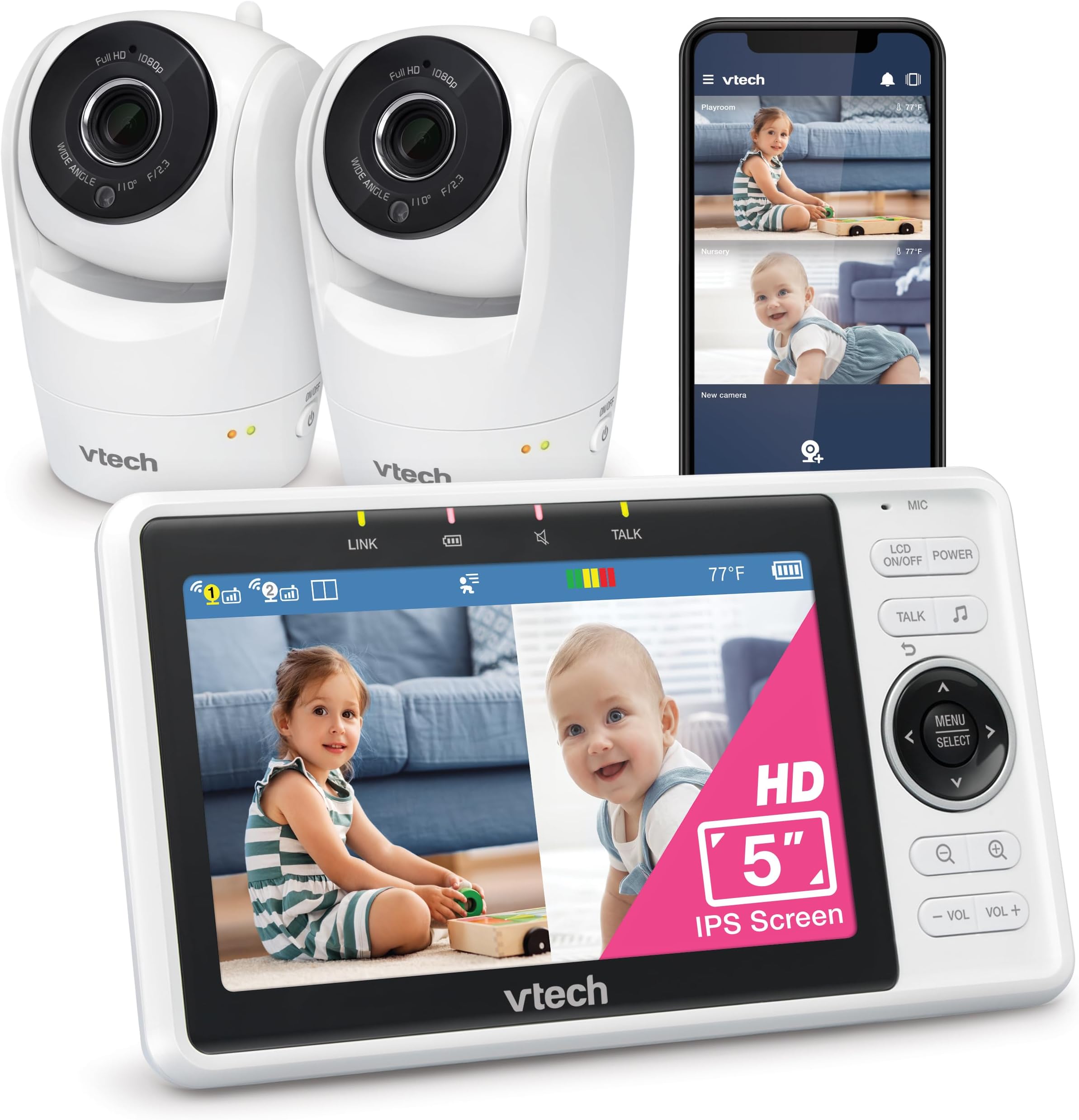 2-Cameras Smart WiFi Baby Monitor with 1080p FHD Camera and 5" HD IPS Screen, Free App with Motion Video, Sound/Motion Detection and Notifications, Split-Screen, Pan-Tilt-Zoom: VM901-2HD