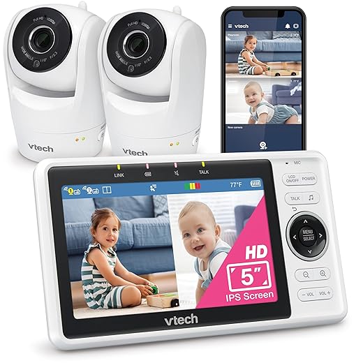 VTech 2-Camera Smart WiFi Baby Monitor VM901-2HD, 5″ HD Screen