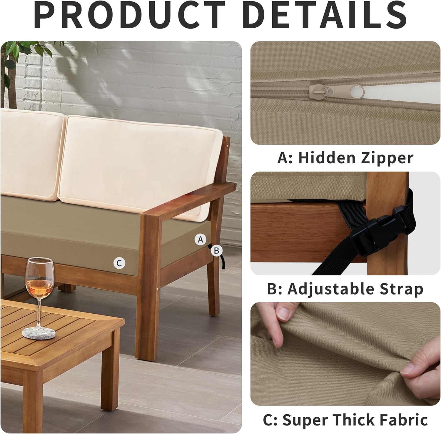 Easy-Going 48x18x3 inch Waterproof Outdoor Couch Bench Cushion Covers Only Replacement Non-Slip Patio Seat Cushion Slipcover with Zipper and Adjustable Straps Camel