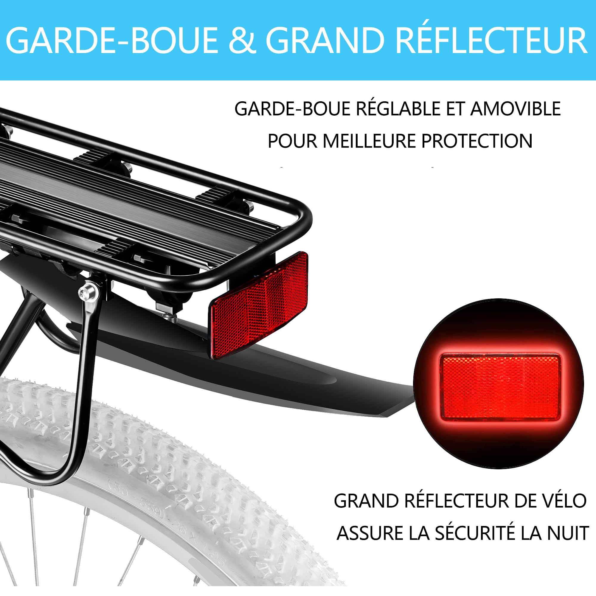 Porte Bagage vélo arrière, Porte Bagage VTT réglable avec Grand réflecteur et Garde-Boue, Libération Rapide, Alliage d’Aluminium, Charge 50 kg pour Cyclisme et randonnées