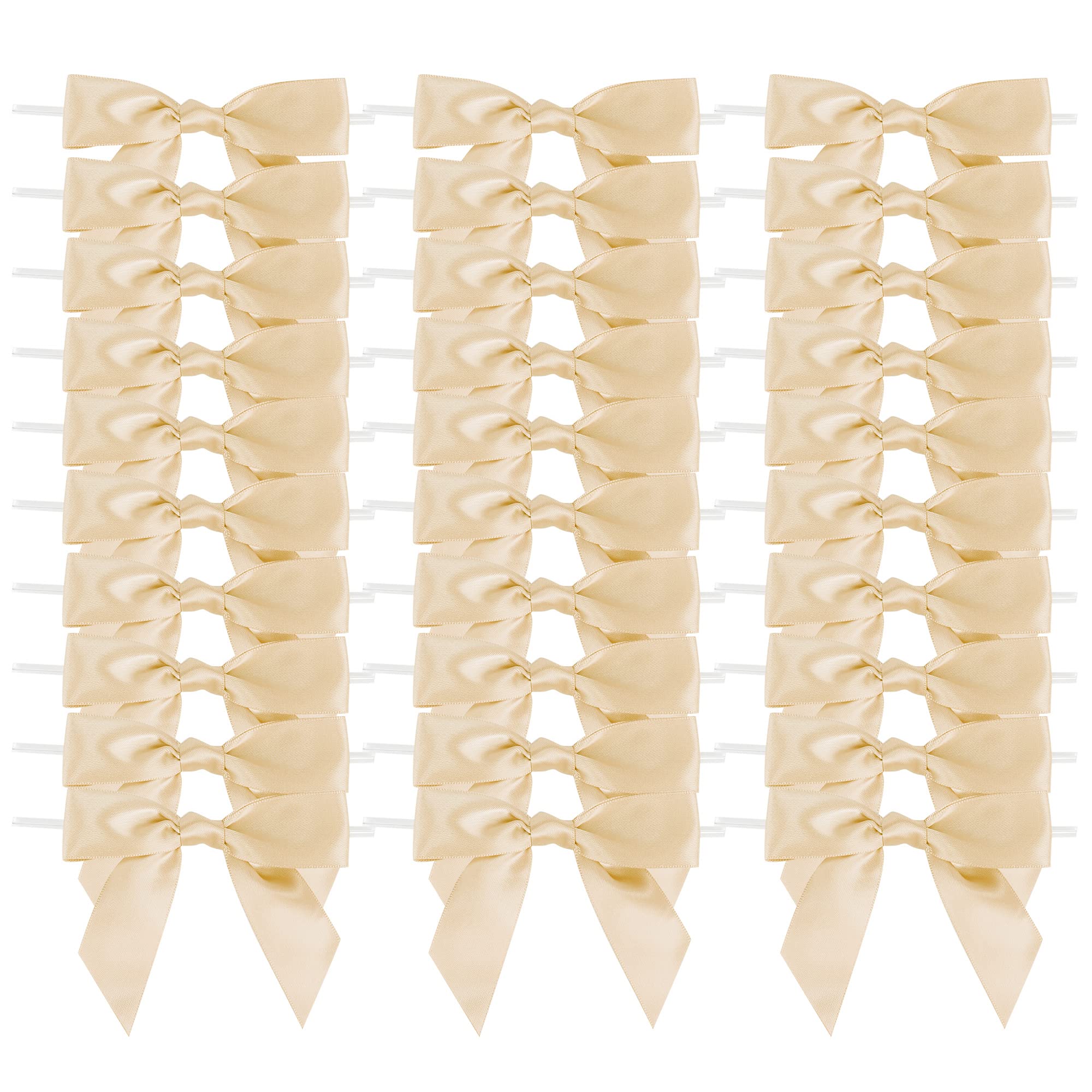 AIMUDI Champagne Bows for Gift Wrapping 3.5" Pre Tied Small Christmas Tree Bow Premade Twist Tie Bows for Treat Bags Small Bow for Crafts Wedding Holiday Decoration- 50 Counts