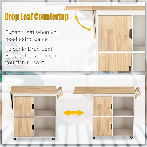 Miniatura 3 de Usinso Isla de cocina rodante, gabinetes de almacenamiento de isla de cocina sobre ruedas con encimera de hojas caídas, estantes de mango, carrito