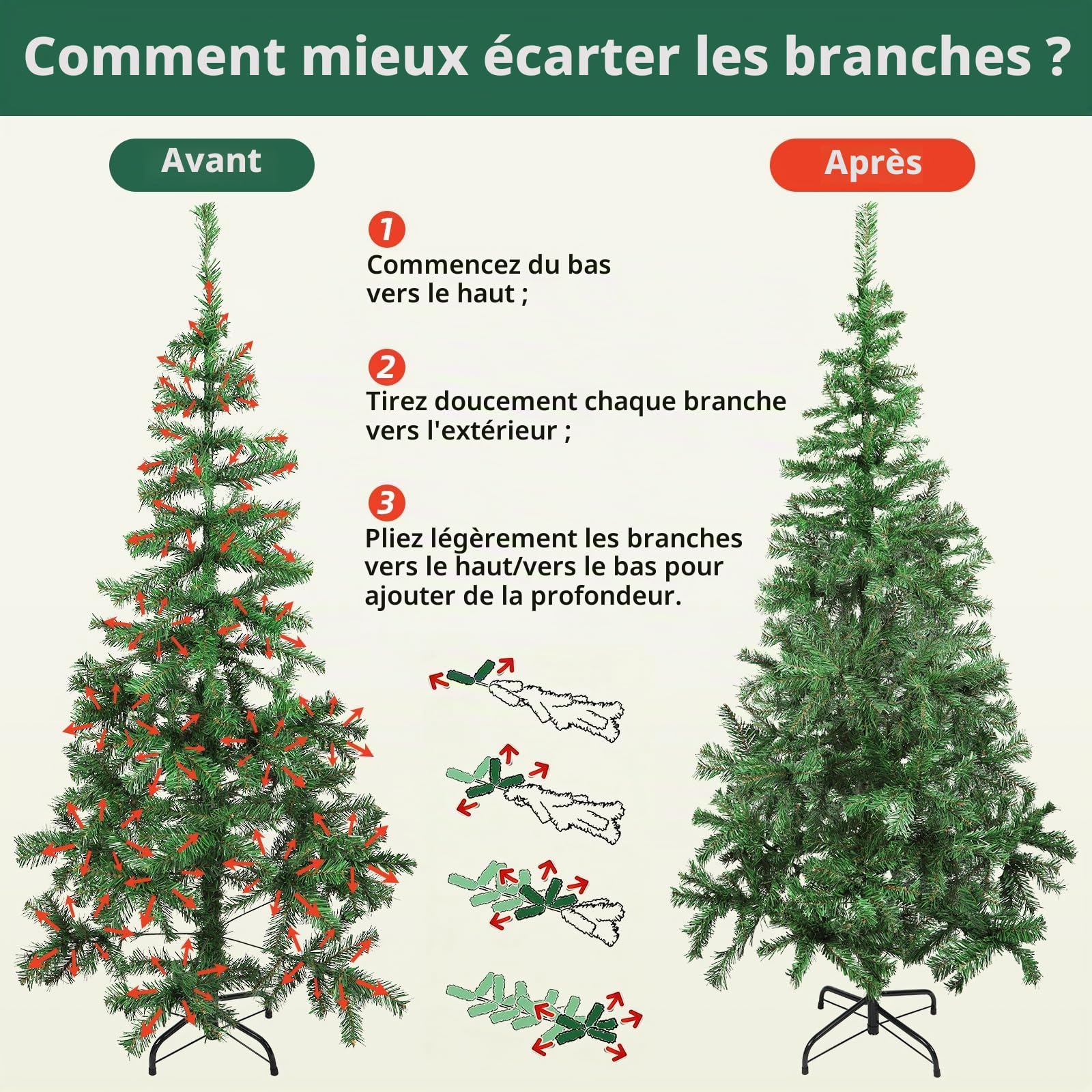 Aigostar Sapin de Noël Artificiel 180 cm avec Guirlande Lumineuse LED 18 M，8 Modes d'Éclairage，300 LED Lumières Blanche Chaude，450 Branches， Inclus Support en Métal， Décoration de Noël， Vert