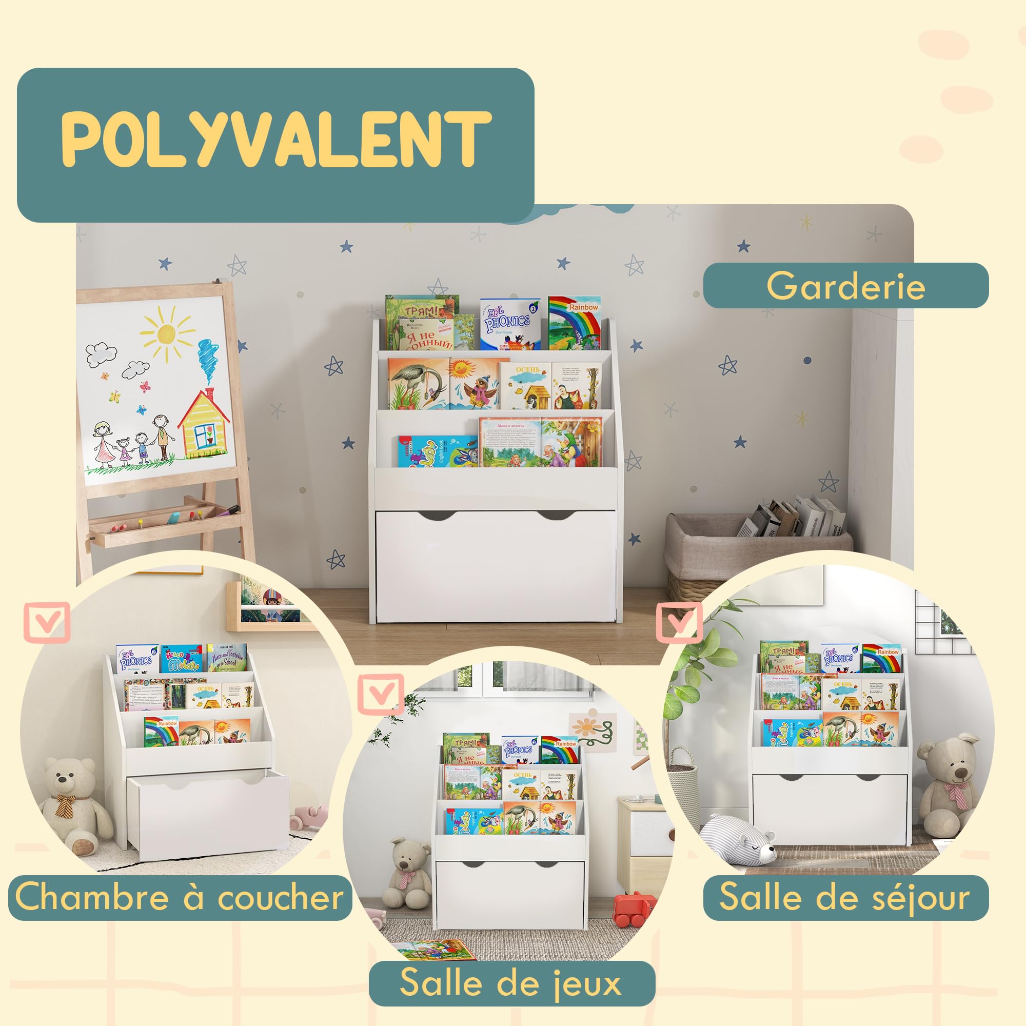 AIYAPLAY Bibliothèque pour Enfants Rangement 62,5L x 30l x 70H cm Blanc | pour Livres et Jouets Multi-Rangement, 3 Niveaux d'Étagères, Tiroir