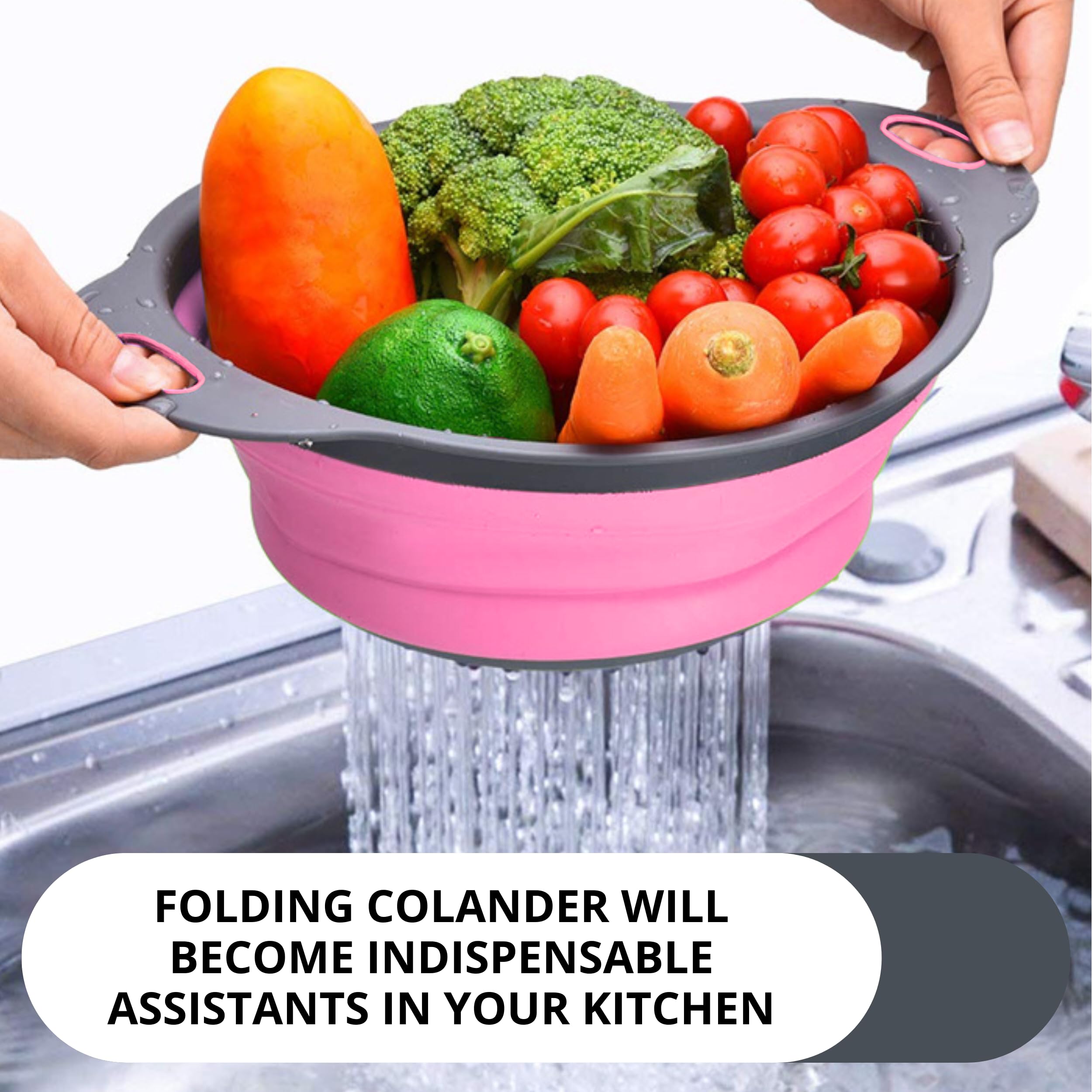 Colador redondo de silicona plegable – Colador de cocina plegable pequeño colador plegable rosa con asas de plástico para drenar verduras y frutas, colador de cocina redondo de silicona para pasta 5
