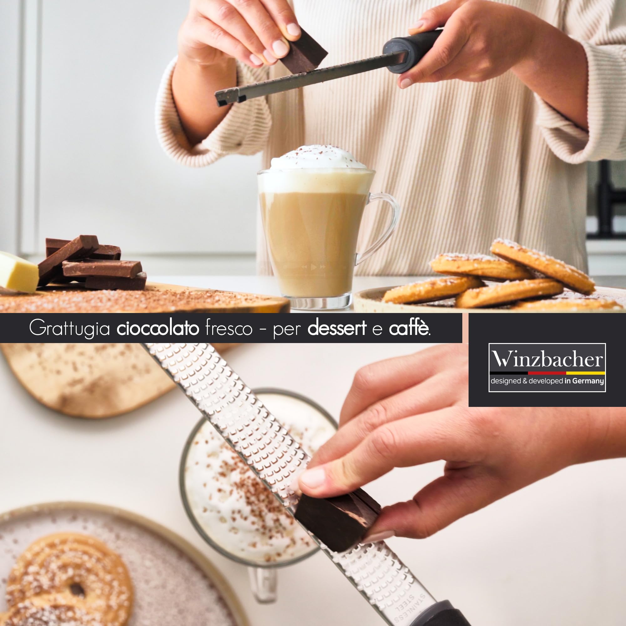 Winzbacher – Grattugia Zesteur Multifunzione | Per Parmigiano, Limone, Noce Moscata, Zenzero, Cioccolato, Aglio | Lama in Acciaio Inox Ultra Affilata | Lavabile in Lavastoviglie | Con Spazzola