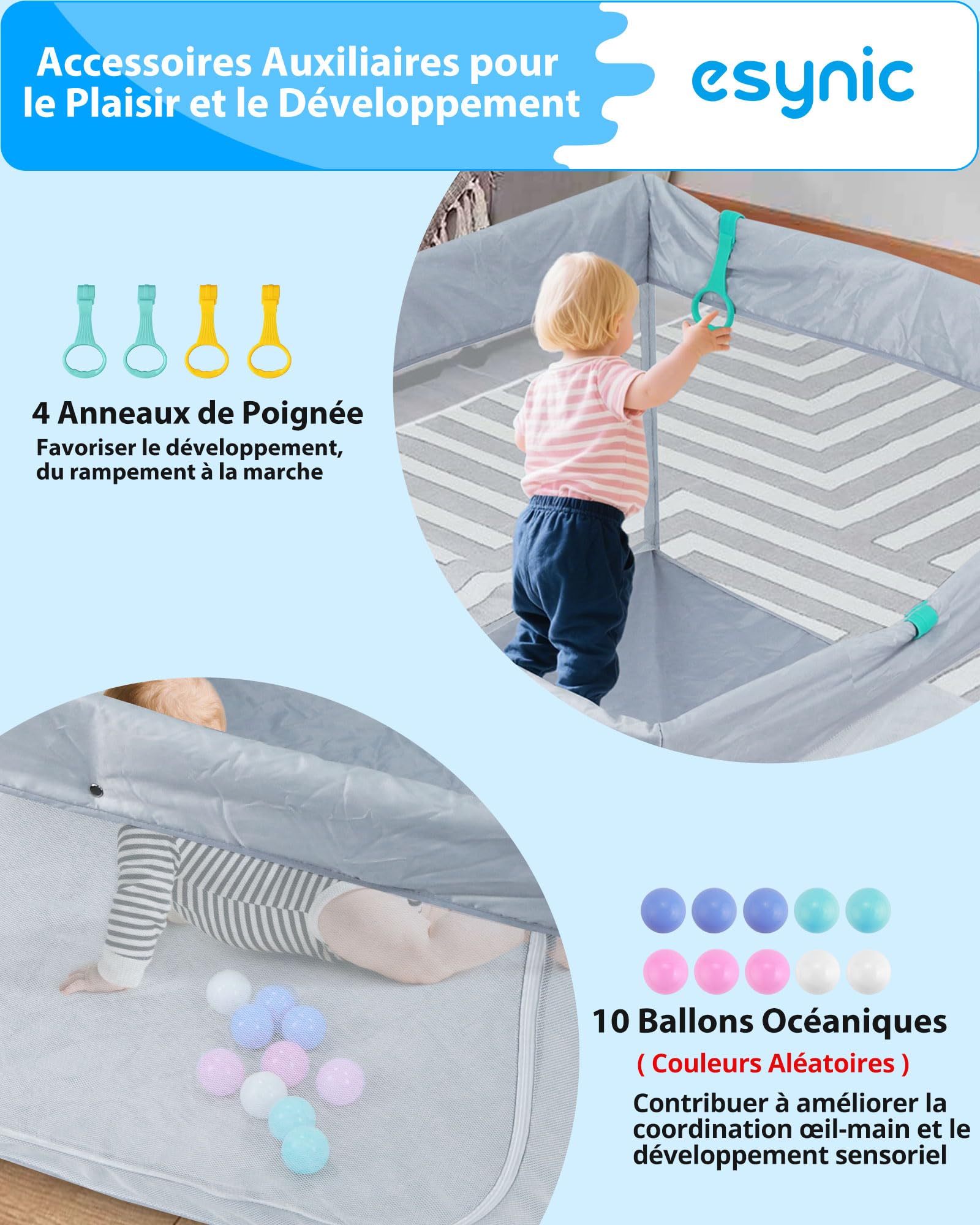 eSynic Parc Bébé 120x120cm avec 10 Boules et 4 Poignées Parc Bebe Pliable pas de Montage Enceinte Modulaire Pliable Porte avec Fermeture Éclair Éxtérieure avec Sac de Voyage Portable - Gris