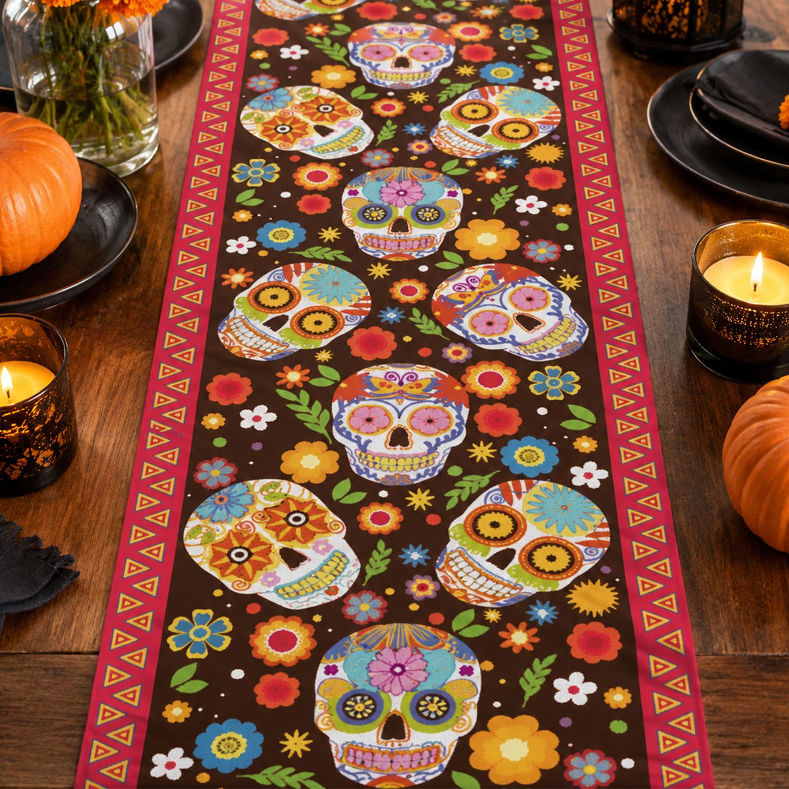 Day of The Dead Decorations, Day of The Dead Marigold Skull Table Runner