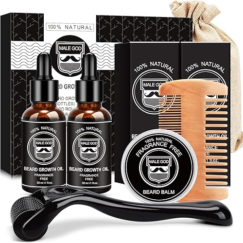 Beard Growth Kit, Beard Kit W/Beard Growth Oil, Balm, Comb, Massager for Spot/Patchy Beard, Gifts for Men Him Boyfriend Husband