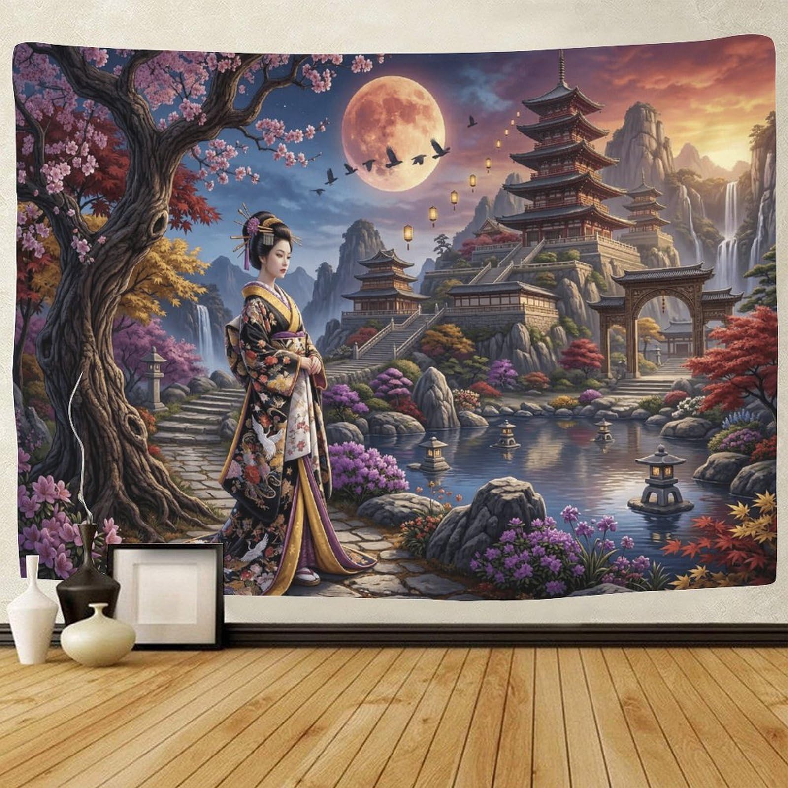 GPMNBCXZK Japanese Geisha Wall Tapestry Traditional Pagoda 3D Print Art Decoration for Living Room Bedroom 180cmx230cm