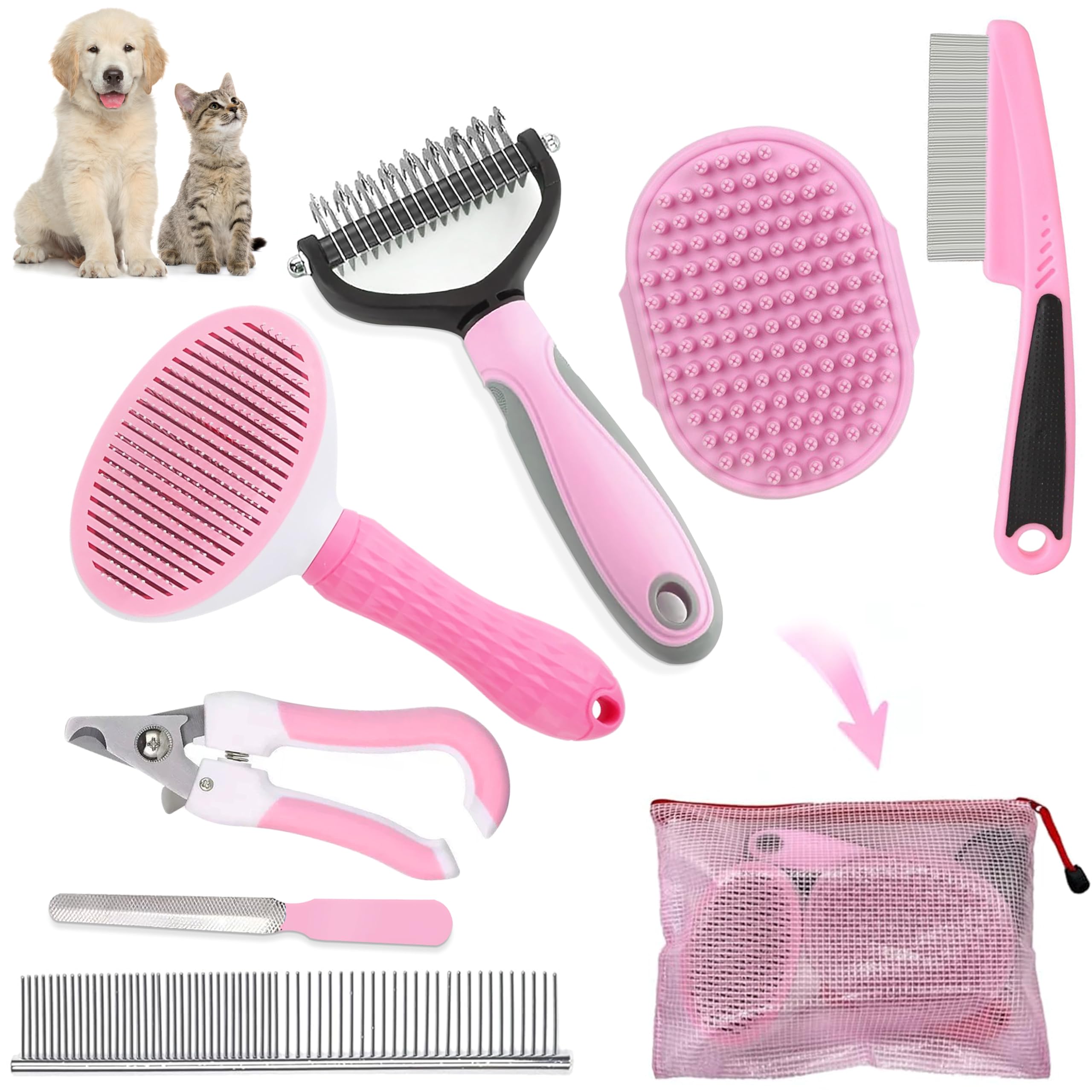 Lanswood Dog Brush Dog Grooming Kit 7PCS Dogs Brush for Shedding-Dogs Brushes for Grooming, Dematting Comb, Cat Nail Clipper with Nail File, Flea Comb