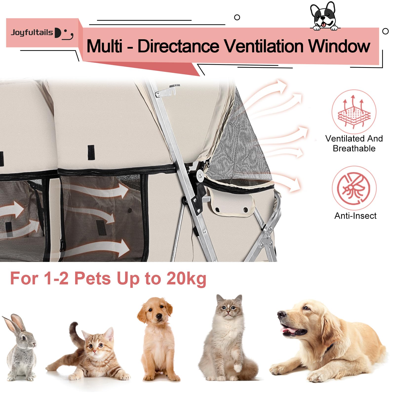 Passeggino per Cani Doppio con Porta Animali Integrato, Carrello Pieghevole per Cani Piccoli, Carrozzina con Ruote Freni a Mano e Capacità 20KG [Sicurezza e Portabilità]，Grigio