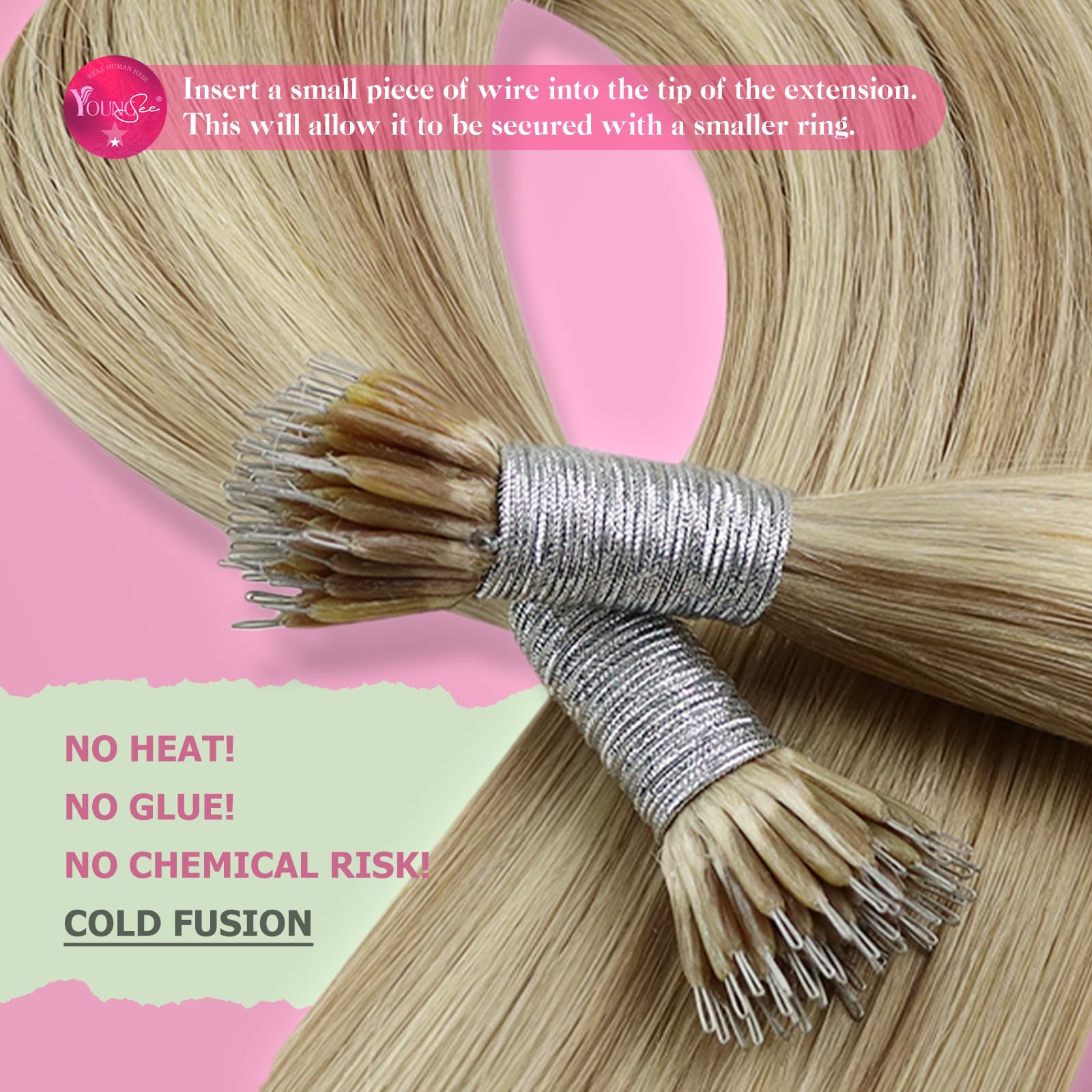 YoungSee Nano Beads Hair Extensions Blonde 14inch Nano Hair Extensions Warm Ash Blonde Highlights Bleach Blonde Nano Ring Hair Extension Highlight for Women Cold Fusion 50g Short Straight 50s — view 4