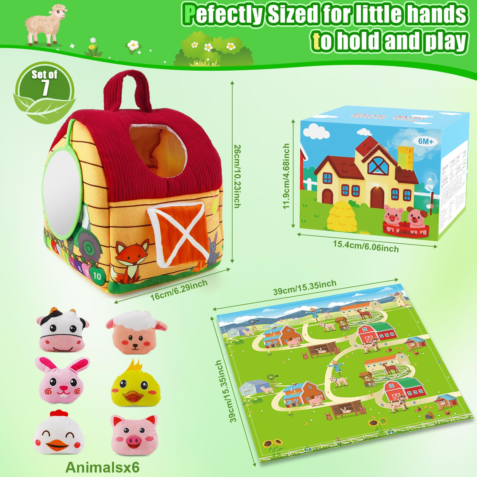Hahaland Jouet Bébé Animaux Ferme En Peluche – Grange, Hochets, Miroir – Jeu Sensoriel 0-6 Mois – Cadeau 3,6,9 Mois