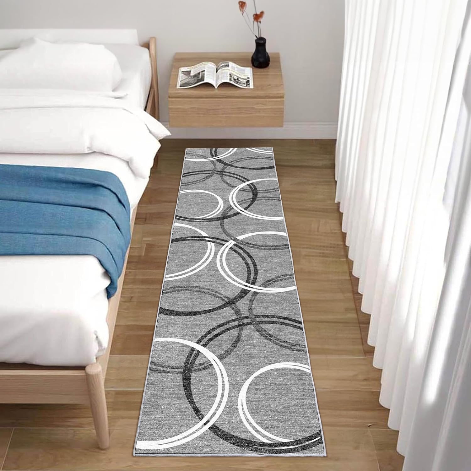 Modern Black White Area Rugs for Living Room, 5x7 Large Faux Wool Carpet with Abstract Circles Line Design for Bedroom, Machine Washable Non-Slip Wool Rugs 5'x7', Black/White/Grey