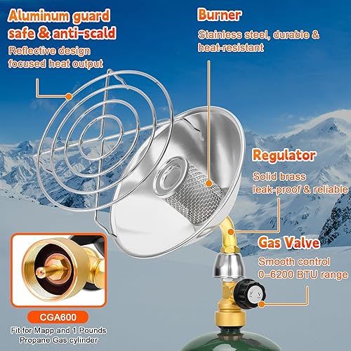 Miniatura 6 de Calentador portátil con encendedor USB resistente al viento, calentador de propano para espacio al aire libre con válvula de control de base