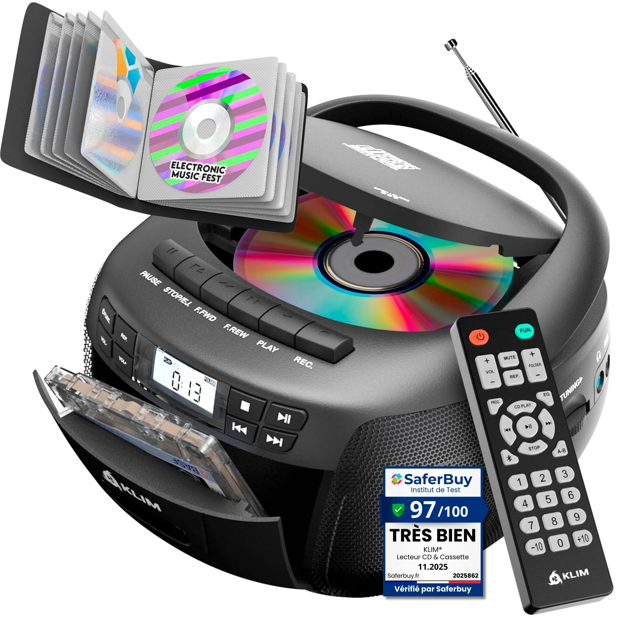 KLIM Lecteur CD Bluetooth Cassette Radio AM/FM Stéréo avec Télécommande Enregistrement USB AUX