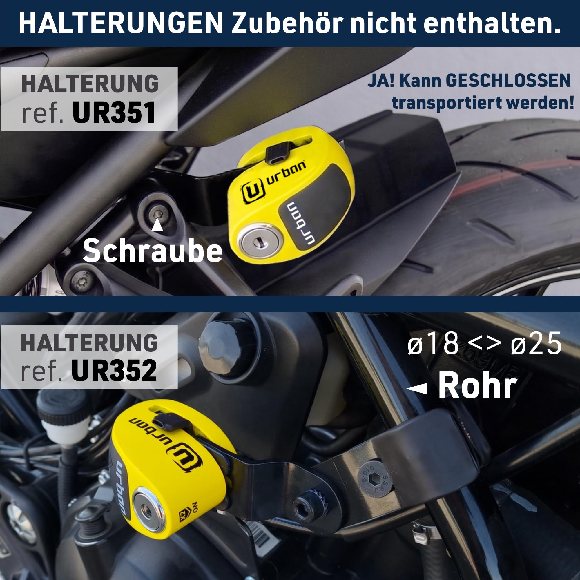 URBAN UR906Y Bremsscheibenschloss Motorrad mit 120dB Alarm X2 ON, Wasserdicht Austauschbares Modul, CR2 Batterie, Erinnerungskabel, 6mm Universelles Motorrad Schloos für Roller E-Bikes E-Scooter