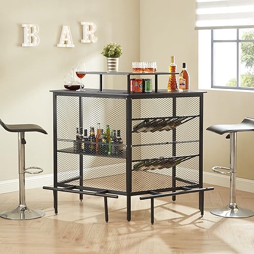 Miniatura 2 de VECELO Unidad de bar, gabinete de licor de 3 niveles con malla frontal de metal, mesa de soporte de esquina de 41.3 pulgadas con reposapiés y