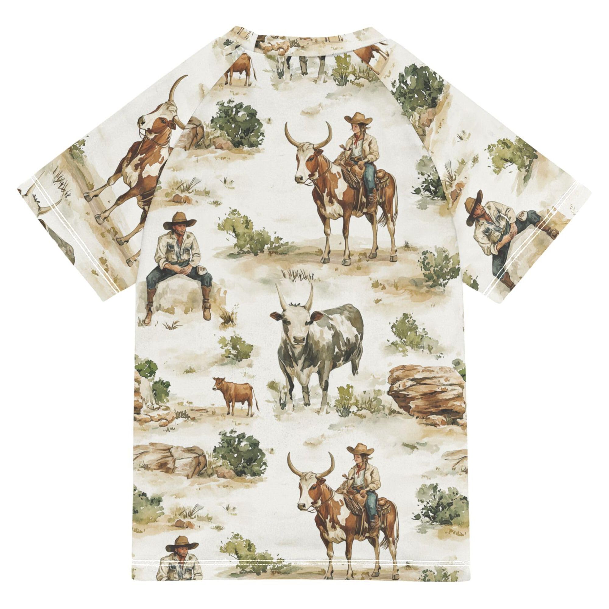 Western Cowgirl Wilderness Kids Bathing Suit Sun Protection Youth Sports Tshirts Swimwear Beach Tops 3T