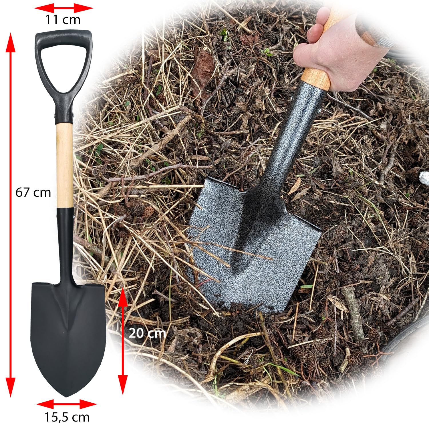 Vanga da giardino in acciaio BAU da giardino con manico in legno e manico (mini pala per vanga da 67 cm con bordo e manico a D)