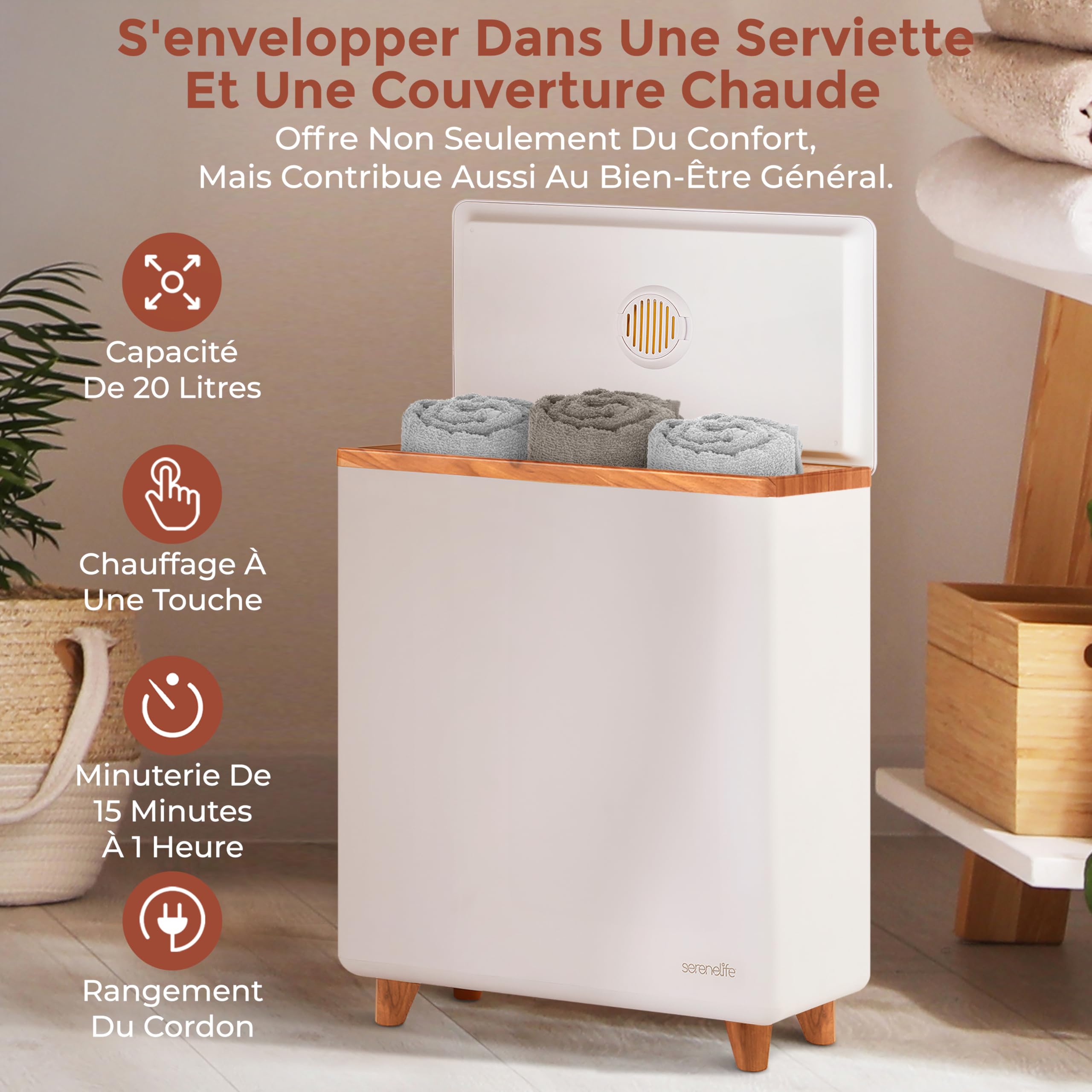 SereneLife Chauffe-serviettes de Luxe Rectangulaire - Chauffe Spa & Salle de Bain avec Parfum Personnalisé, Arrêt Automatique, Accueille 2 Grandes Serviettes, Couvertures, Peignoirs, Pyjamas - Cadeau