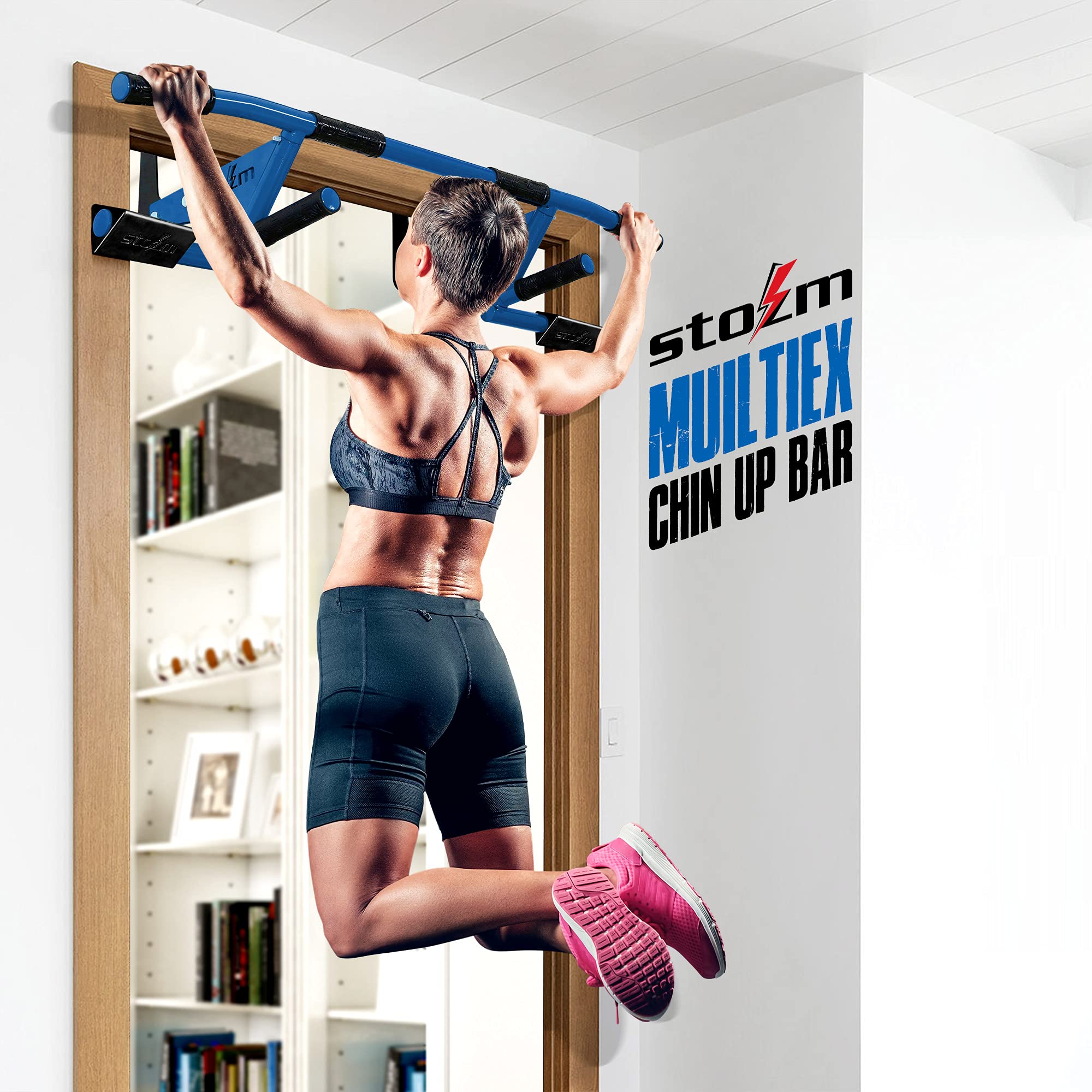 STOZM MultiEx Chin Up Bar – Unique Doorway Pull Up Bar for Home Gym Exercises with 450lbs Weight Capacity, Push Up Capability and TPE-Protected Grips (Sharp Blue) (SBW2)