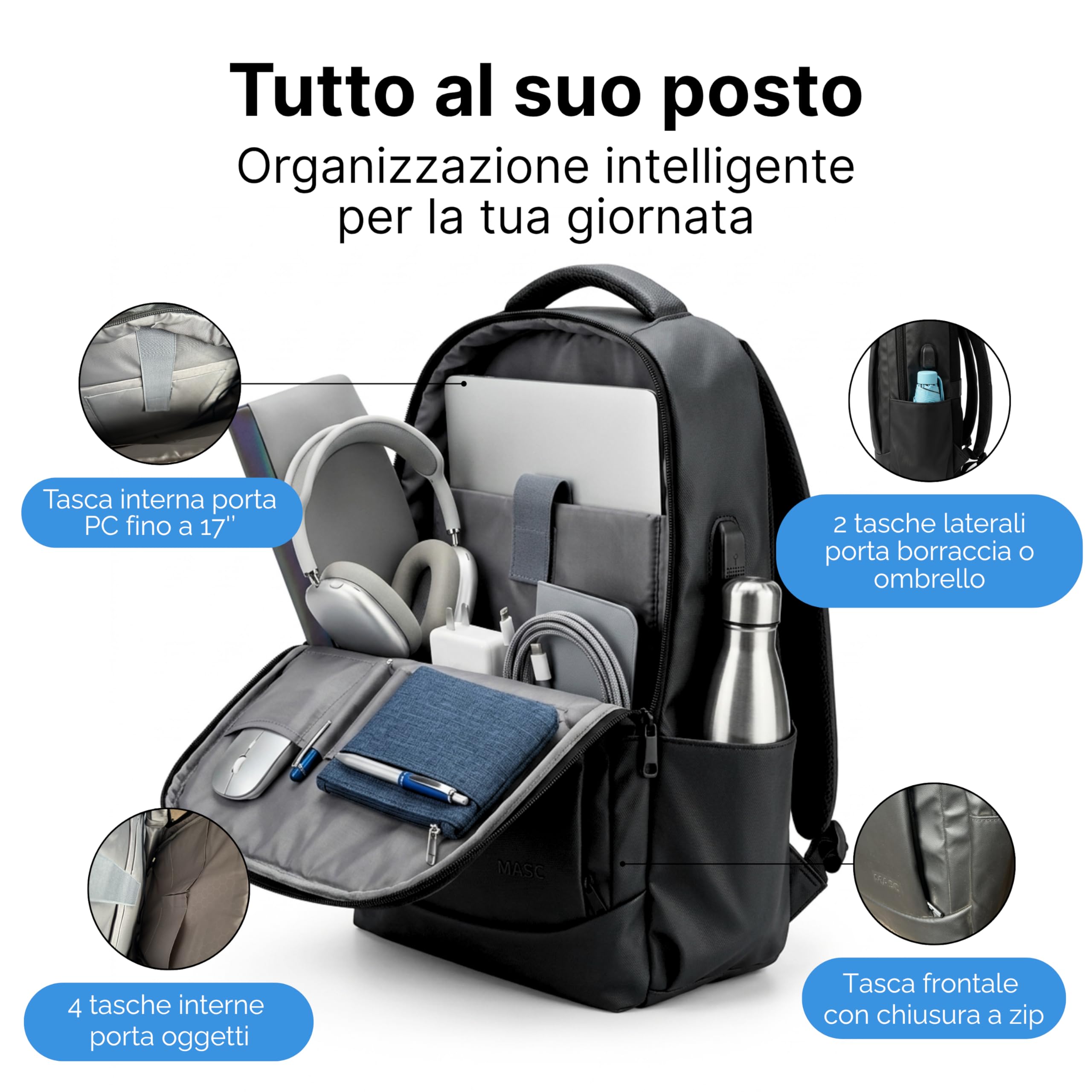 MASC Zaino Elegante per PC, Zaino da Ufficio Business Capiente 29L, ideale anche come Zaino da Viaggio