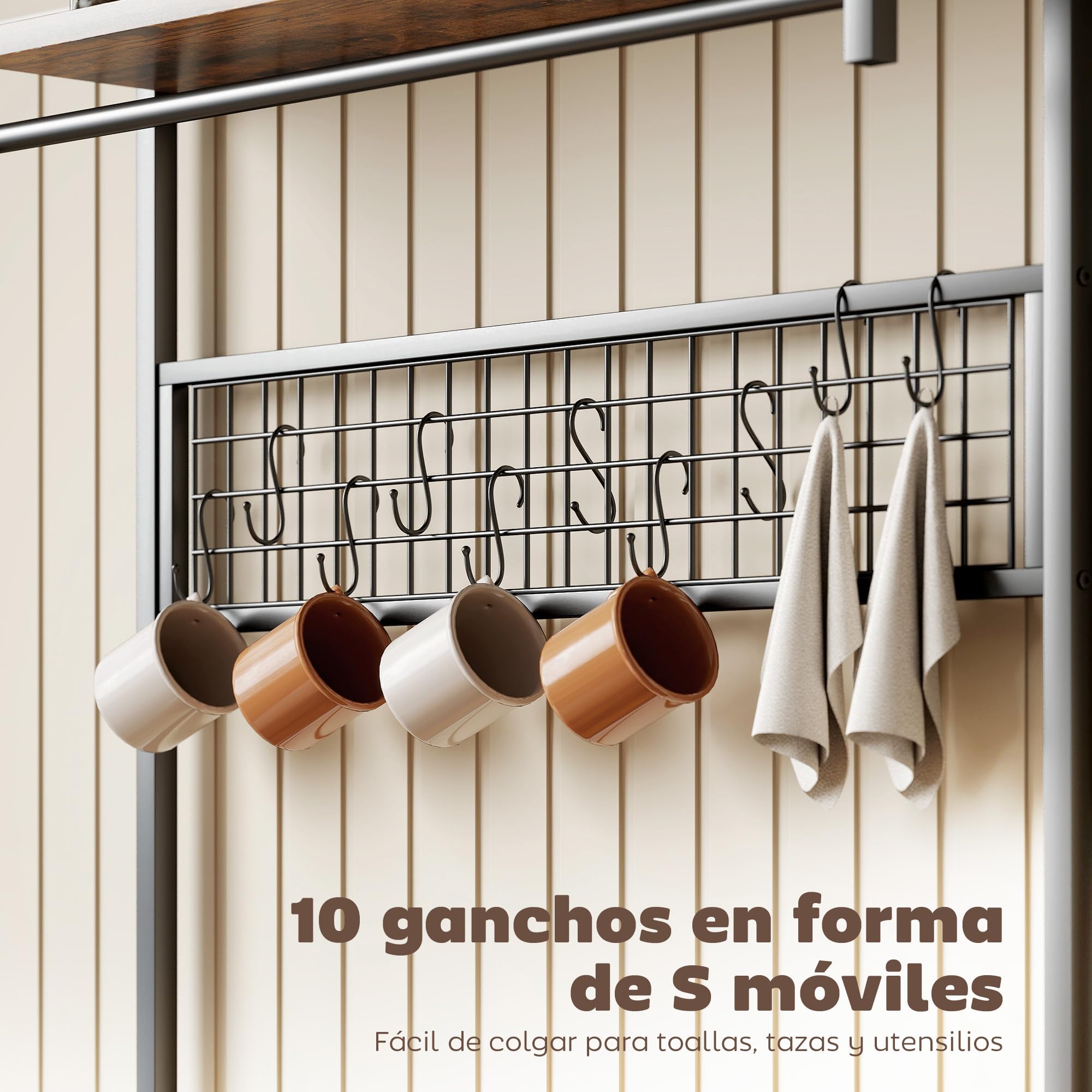 HOMCOM Estantería de Cocina con Tres Enchufes y Luces LED, Estantería de Panadería Industrial con Estantes para Microondas, Cesta de Malla Metálica, 10 Ganchos, Barra 80x42x162 cm, Marrón Rústico